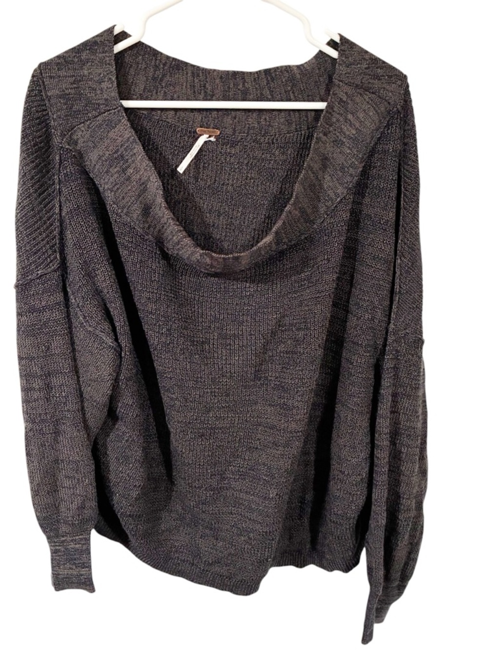 Free People Grey Linen Blend Ribbed Off Shoulder Slouchy Knit Top Size Large